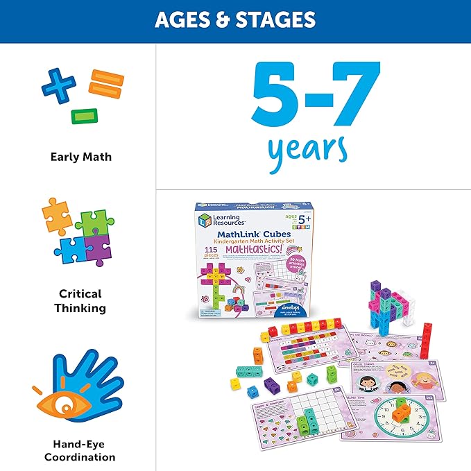 MathLink Cubes Kindergarten Math Activity Set Mathtastics!, Math Teaching Toys, PreKManipulatives, Children’s Math Games, 115 Pieces, Age 5+