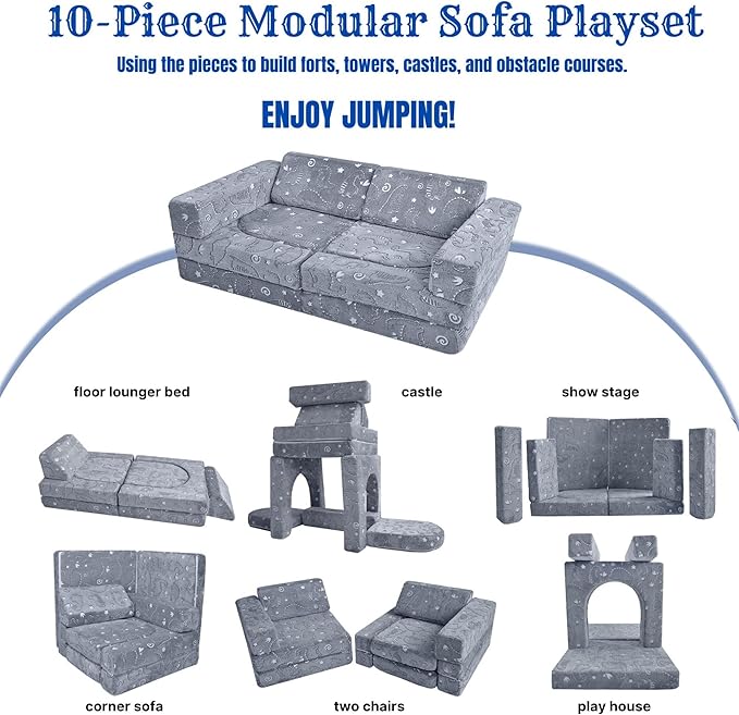 MeMoreCool 10-Piece Kids Couch, Modular Kids Sofa for Playroom, Fold Out Play Couch for Girl Boy, Glow Dino