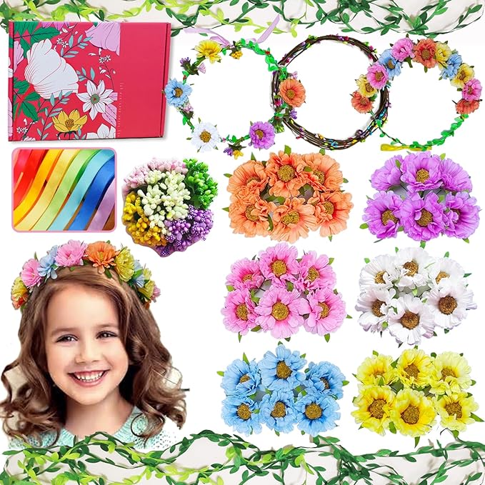 WUBOMJIO Make Your Own Flower Crown Crafting Kit(Daisy Theme)| 120+Piece Set for Endless Creativity | Gift for Creative Girls Age 6-10+