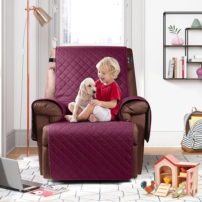 KinCam 100% Waterproof Recliner Chair Cover, Reclining Couch Covers for Pets, Dogs, Recliner Couch Slipcover Furniture Protector with Elastic Straps for Kids(23.6", Burgundy)