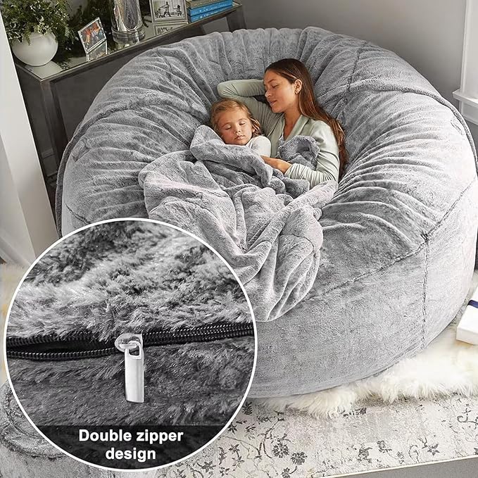 BCU 6FT Bean Bag Chair for Adults and Kids Without Filler Giant Stuffed Animal Storage Cover Soft Faux Fur Floor Chair Cover for Bedroom Living Room, Silver Blue