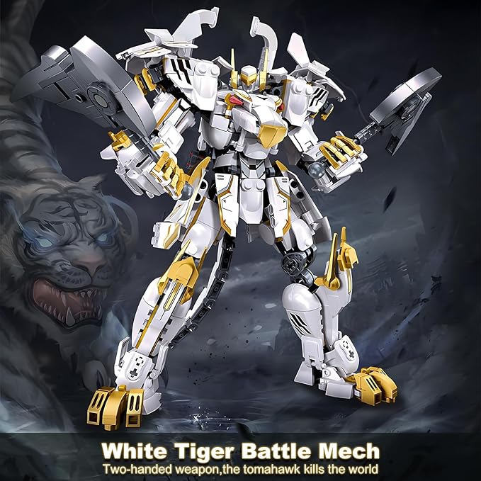 Mech Robot Building Blocks Set for Adults, Flexible Cool White Tiger Warrior Model Kit with Two-Handed Axes Weapon Toy Playset, 679 pcs Creative Mythical Ninja Gifts for Man Boys Ages 12-14