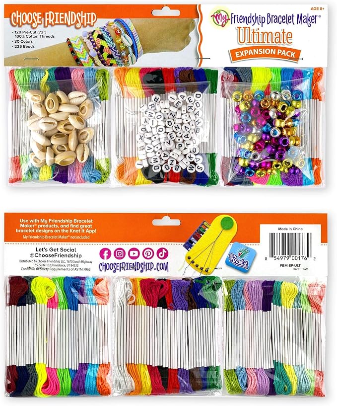 Choose Friendship, My Friendship Bracelet Maker Ultimate Expansion Pack, 120 Pre-cut Threads and 225 Beads, Makes 24-48 Bracelets