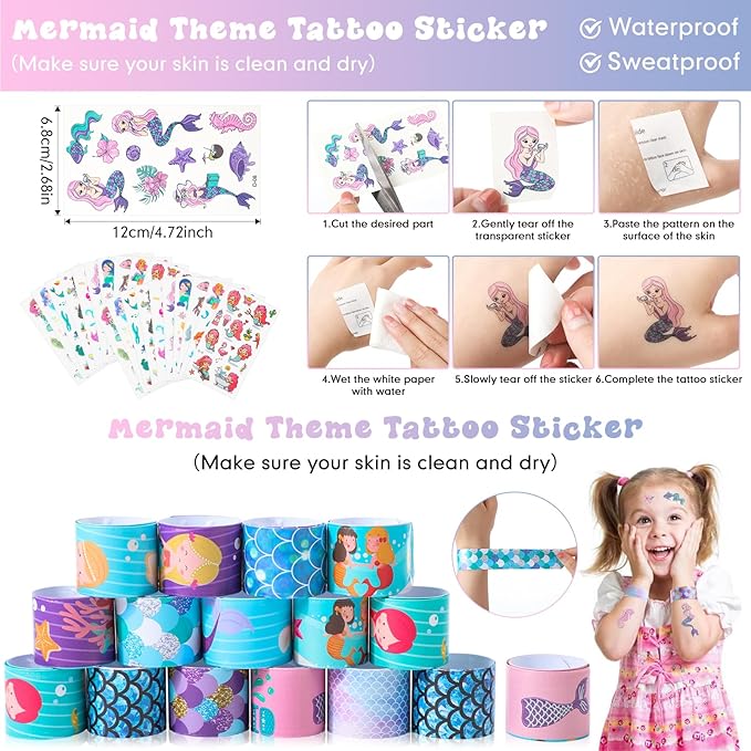 Qilery 267 Pcs Mermaid Party Unicorn Party Dinosaur Party Shark Party Favors Includes Plastic Cup with Lid Straw Keychain Bracelet Ring Stamper Stickers Tag For Party Favors Piñata Filling (Mermaid)