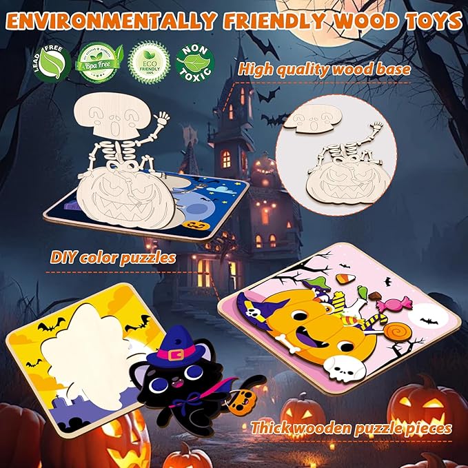 8 Pack Halloween Wooden Puzzles for Toddlers Halloween Puzzles Coloring Craft Kits for Kids Boys Girls Montessori Toys Halloween Party Favors Treat Bag Gifts Educational Learning Jigsaw Puzzle