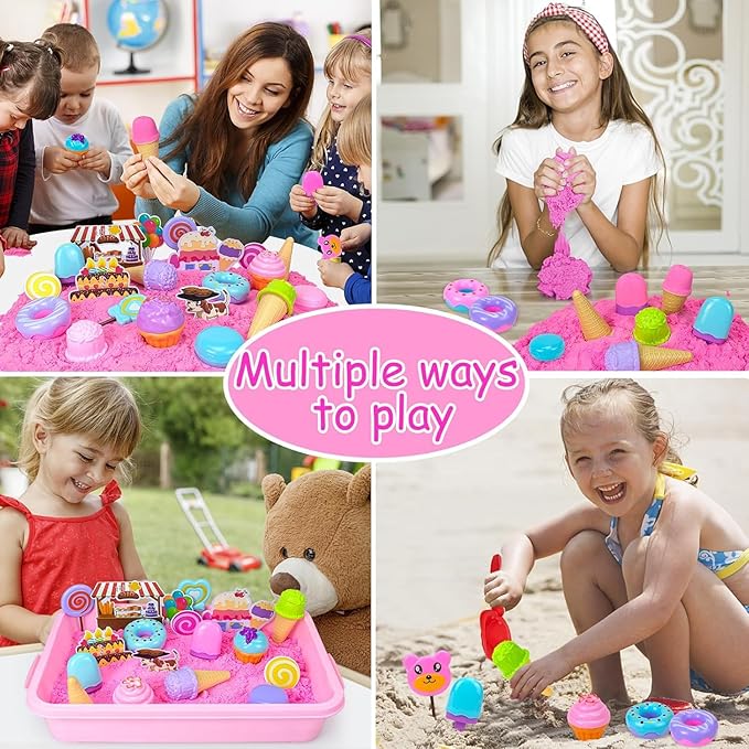 Play Sand Kits for Kids, Ice Cream Sensory Bin Sandbox to Create A Mini Cake Factory with 2lbs Magic Sand| Ice Cream & Cake Models and Tools, A Larger Ice Cream & Cake Factory Can Be Created By Beach