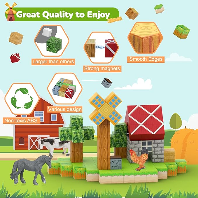 Magnetic Blocks 110PCS with 6 Animal Toys, Farm Building Blocks Set, Toys for Boys & Girls Age 4-6, 6-8, Stacking Building Toys for Toddlers Sensory Toy for Kids 3+