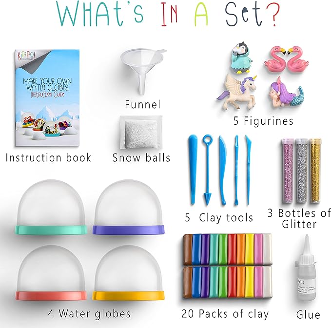 Snow Globe Making Kit for Kids - Make Your Own Snow Globes for Girls w/ 4 DIY Snowglobe, 5 Figures, 20 Packs of Modeling Clay for Kids for Sculpting - Arts and Crafts for Girls & Boys 8-12-4-8