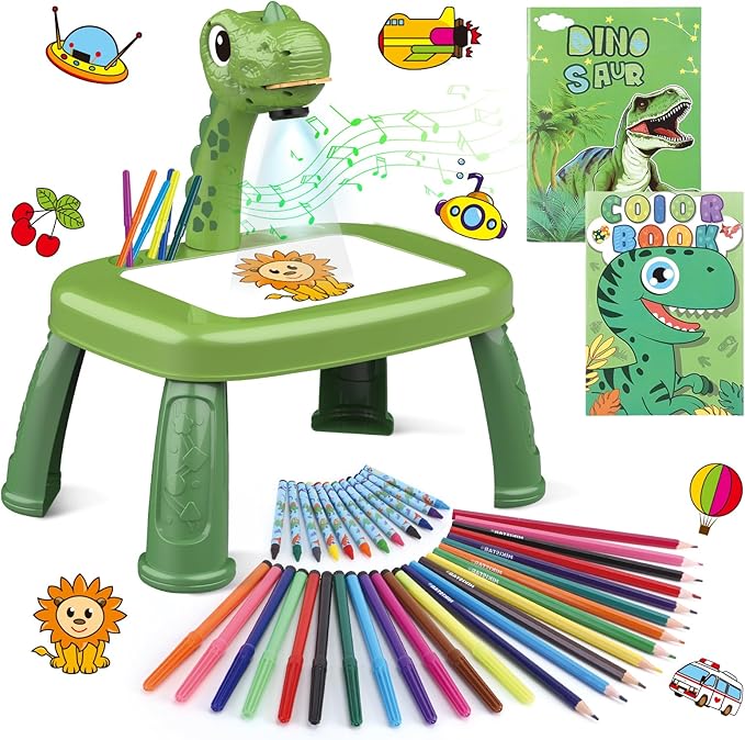 Drawing Projector for Kids, Drawing Board with Music, Color Pens, Pencils, Crayons, Scrapbook, Dinosaur Sticker Book, Ideal Toy for 3+ Year Old Girls & Boys (Dinosaur Kit)