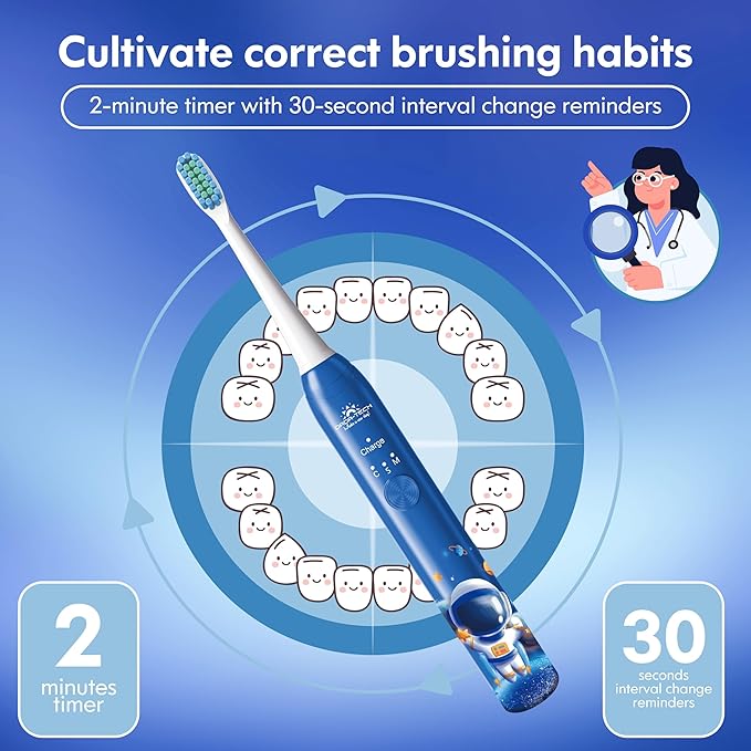 Kids Electric Toothbrush Rechargeable Age 3-5-6-12-18 Year Old, Childrens Electric Toothbrush with Timer 3 Modes 4 Vibrating Heads Habit Stickers 31000VPM Boys Electric Toothbrush (Astronaut Blue)