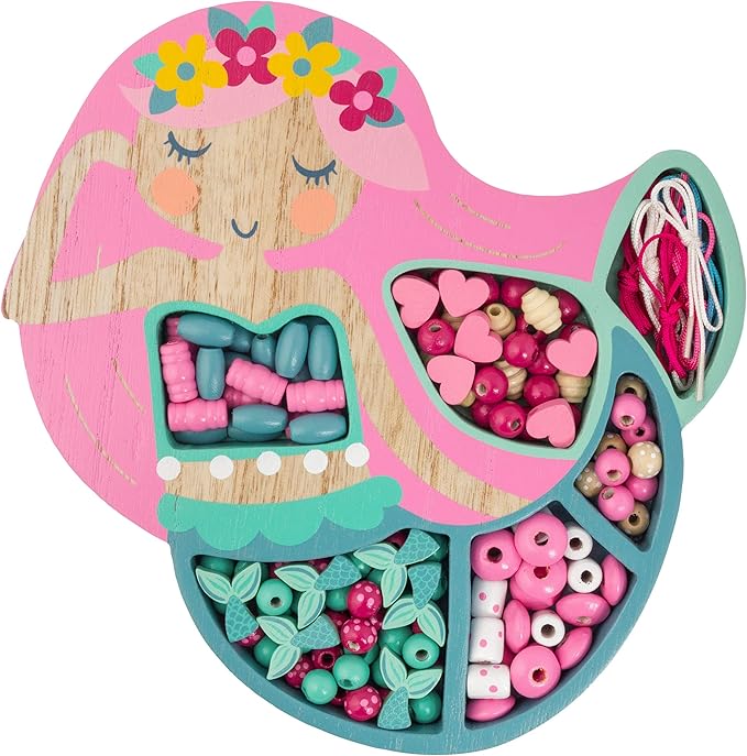 Stephen Joseph, Wooden Bead Kit for Kids, 125 Wooden Beads with 4 Necklace and 4 Bracelet Cords with Reusable Wooden Tray, Premium Wood Jewelry Making Kit for Kids, Mermaid