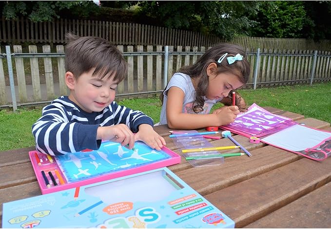 Buddy & Barney Big Box of Fashion, Fairies, & Flowers Stencils (Large 32-Piece Stencils Kit), 150+ Shapes, 6 Coloring Pencils, 5 Stencil Sheets, Arts & Crafts Drawing Stencils for Girls, Kids 4+