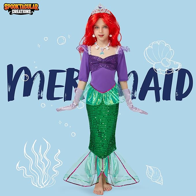 Spooktacular Creations Halloween Little Mermaid Costume for Girls, Sequin Mermaid Dress Set, Dark Purple Princess Dress for Toddler Dress-Up, Cosplay Party (Medium, 8-10 yrs)