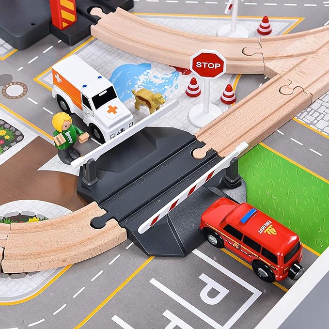 Giant bean 72PCS Fire Station Wooden Train Tracks & Train Set, Gift Packed Toy Railway Kits for Kids, Toddler Boys and Girls 3,4,5 Years Old and Up, Christmas Birthday Gift Toy for Kids