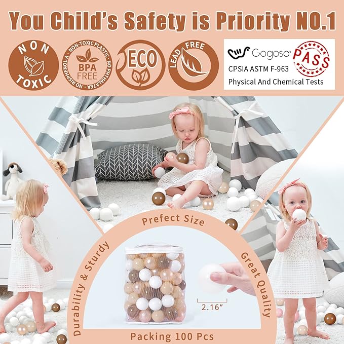 GOGOSO Baby Ball Pit Balls Pack of 100 for Toddlers - BPA&Phthalate Free Non-Toxic Crush Proof Ocean Ball Soft Plastic Balls for 1 2 3 4 5Years Toddlers Baby Kids Birthday Pool Tent Party