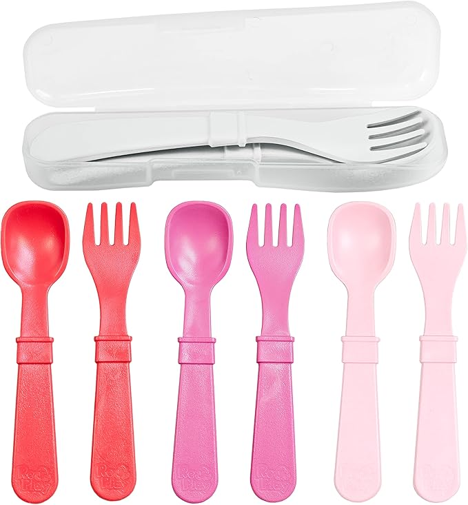 Re-Play Made in USA Toddler Forks and Spoons, Pack of 8 With Carrying Case - 4 Kids Forks with Rounded Tips and 4 Deep Scoop Toddler Spoons - 0.2" Thick Toddler Utensils with Case, Valentine