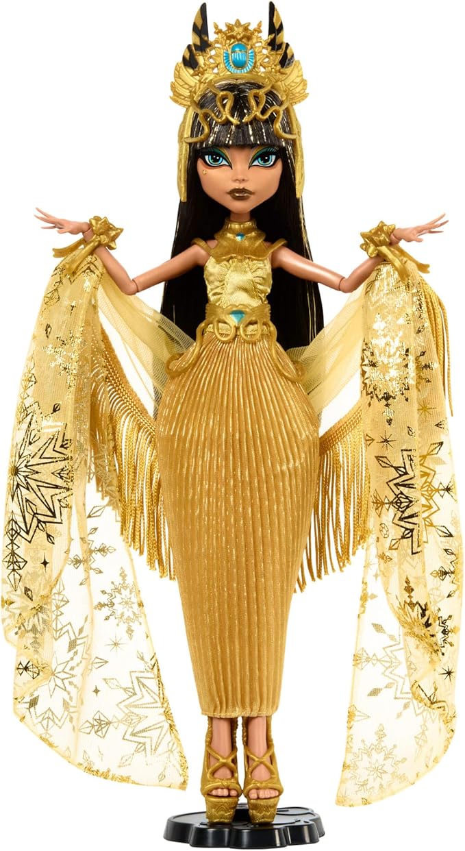 Monster High Howliday Doll, Winter Edition Cleo De Nile Collectible in Golden Gown with Gleaming Accessories and Shimmery Fringe Shawl