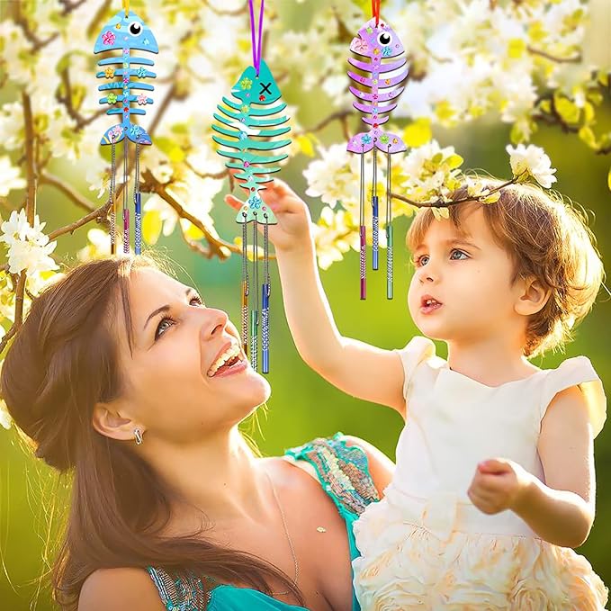 Fennoral 12 Pack Wind Chime Kit Spring Craft for Kids Wooden Arts and Crafts for Girls Boys Make Your Own Fish Wind Chime Ornaments DIY Coloring Fish Craft for Winter Birthday Party Supplies