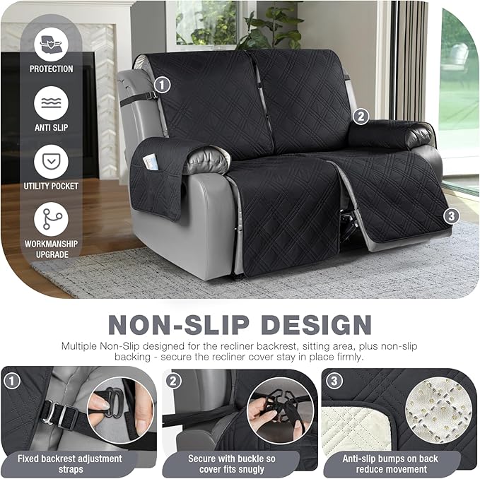 TAOCOCO 100% Waterproof Oversized Loveseat Recliner Cover, Non Slip Split Loveseat Covers for Reclining Loveseat with Elastic Straps for Kids Pets(Oversized 2 Seater, Black)