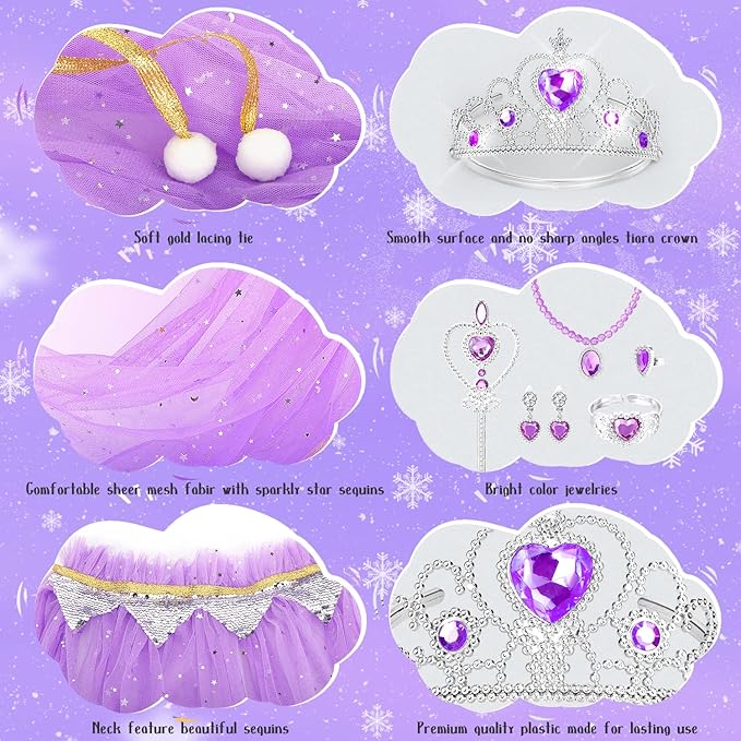 Fedio Princess Cape Set 7 Pieces Girls Princess Cloak with Tiara Crown, Wand for Little Girls Dress up (Purple)