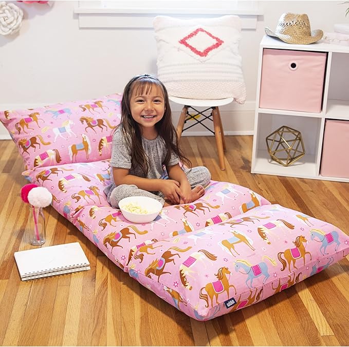 Wildkin Kids Floor Lounger: Ideal for Boys and Girls, Travel-Friendly, Perfect for Sleepovers - Pillow Lounger for Kids, Requires Standard Size Pillows Not Included (Horses)