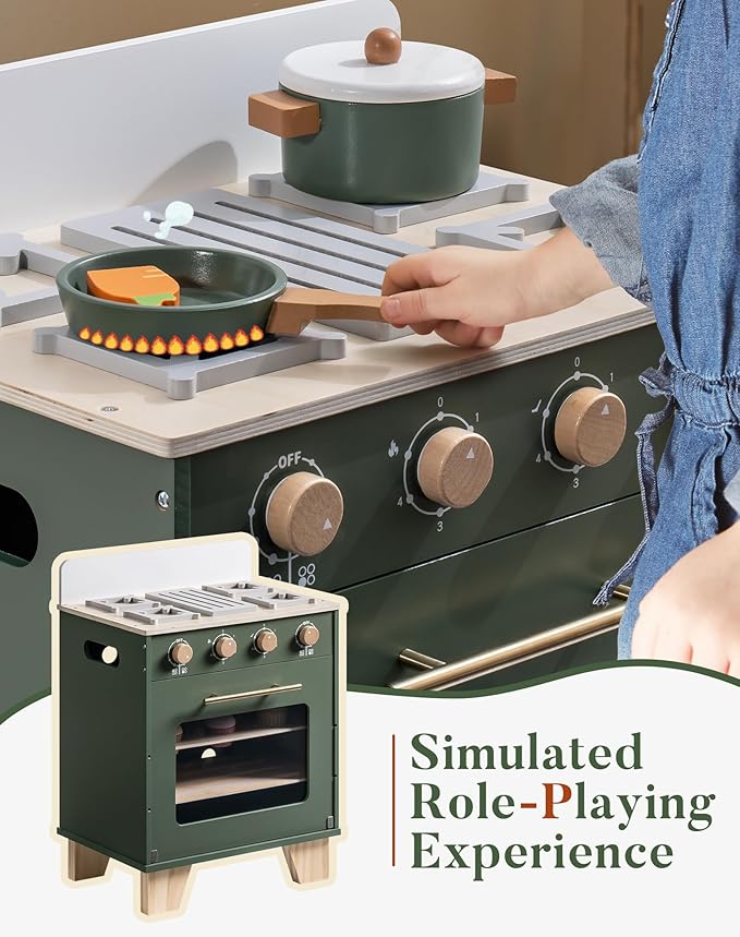 ROBOTIME Wooden Toy Oven Play Kitchen Set, Kids Kitchen Playset with Play Food, Pretend Play Oven Wooden Toy Kitchen Set for Toddlers Boys Girls(Vintage Green)