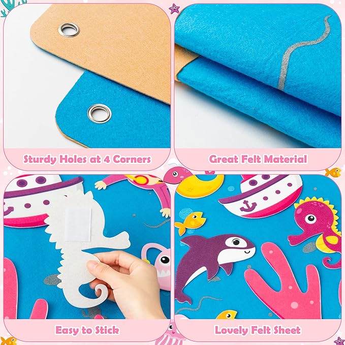 WATINC 45Pcs Pink Under The Sea Teaching Felt Board Story Set 3.5 Ft Ocean Creatures Aquarium Storytelling Flannel Interactive Play Kit with Mermaid Diver Shark Reusable Wall Hanging Gift for Toddlers