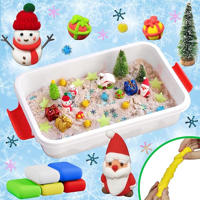 Christmas Sensory Bin,Snowman Making Kit for Kids,Christmas DIY Modeling Clay Making Kit,Xmas Sensory Toys for Holiday with Play Sand for Toddlers,Christmas Kids Toys Gift