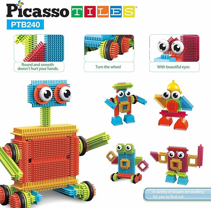 PicassoTiles 240pcs Hedgehog Interlocking Building Shape 3D Blocks, STEAM Educational, Creative, Fun Construction Playset, Sensory Toy Gift for Preschool and Kindergarten Kids, Ages 3 and Up, PTB240