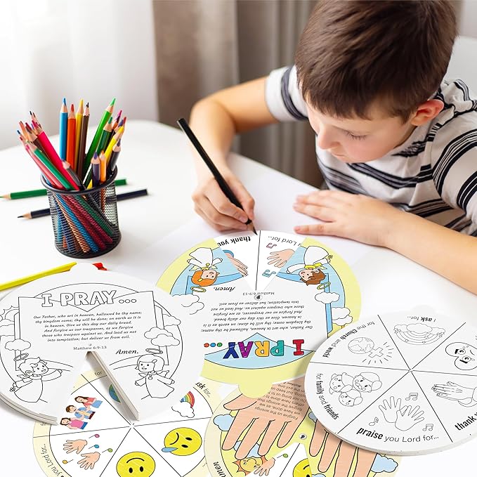 COcnny Bible Prayer Religious Craft - 24 Sets Christian Jesus Coloring Wheel Cards Creation Game Activities for Kids, The Lord’s Prayer Biblical Art Craft for Sunday School Classroom Ages 3-5 4-8 8-12