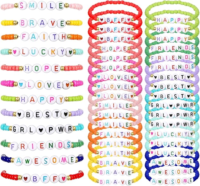 Cunno 36 Pcs Kids Friendship Bracelets for Girls Letter Beads Bracelets Stretchy Cute Bracelet Pretend Play Beaded Bracelets Inspirational Bracelets for Kids (Classic Style)