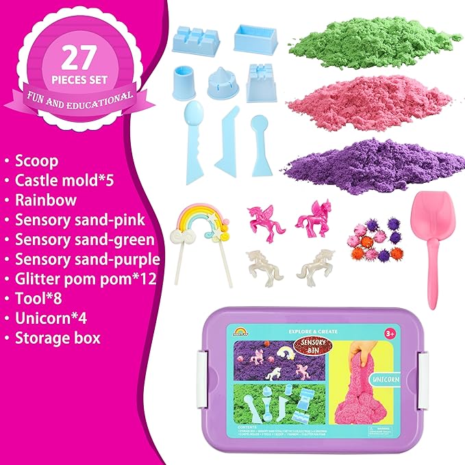 Unicorn Sensory Bin, Unicorn Sensory Toys with Play Sand for Toddlers Boys and Girls, Kids Toys Gift Sand Box for Age 3 4 5 6 7 8