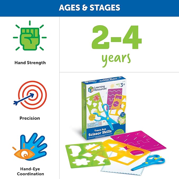 Learning Resources Trace Ace Scissor Skills Set - 7 Pieces, Ages 3+ Toddler Learning Supplies, Homeschool and Classroom Activities, Fine Motor Tools for Toddlers