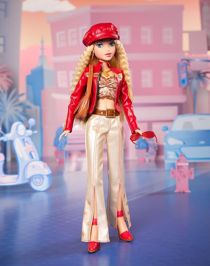 Barbie Signature My Scene Doll & Accessories, in Y2K-Inspired Outfit with Pleather Jacket, Flare Pants, Saddle Bag & Display Stand