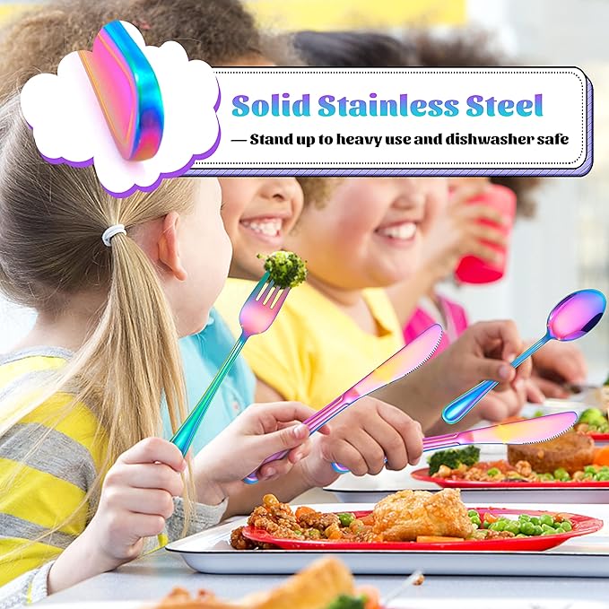 E-far 12-Piece Rainbow Kids Silverware, Stainless Steel Toddler Kids Utensils Safe for Preschooler/Children, Includes 4 Forks 4 Spoons 4 Knife, Slimline Look & Small Size, Rust Free