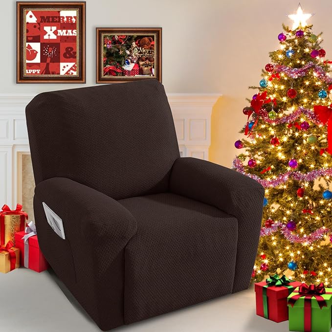 JIVINER 4-Piece Recliner Chair Covers Stretch Jacquard Chair Covers for Recliner Chair Recliner Slipcovers for Living Room Soft Recliner Protector with Pocket (Recliner,Dark Coffee)