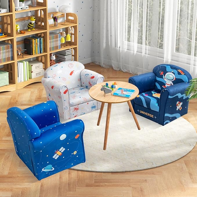 Costzon Kids Couch, Children's Sofa Armrest Chair with Pattern, Toddler Furniture w/Sturdy Wood Construction, Preschool, Lightweight Kids Couch Sofa Chair for Aged 1-5 Boys & Girls Gifts, Rocket