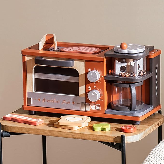 ROBUD Toddler Kitchen Playset - Wooden Breakfast Set with Coffee Maker, Toaster, Griddle, Play Food - Realistic Pretend Play Kitchen Appliance and Accessories for Kids Ages 3+ Boys and Girls (Caramel)