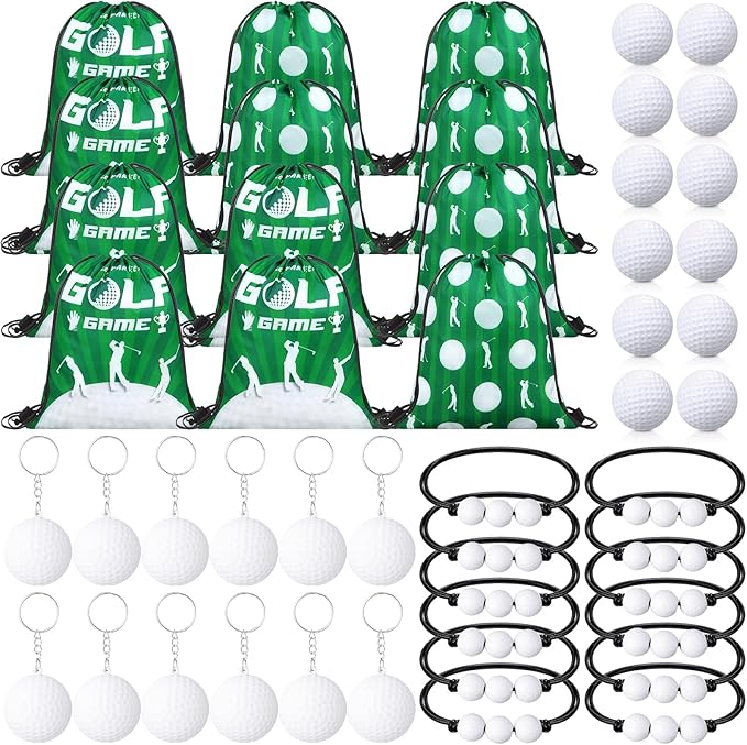 Poen 48 Pcs Golf Party Favors Set Golf Themed Supplies Includes 12 Golf Drawstring Backpack 12 Mini PVC Golf Ball 12 Golf Keychain 12 Golf Wax Thread Braided Bracelets Inspirational Gifts for Team