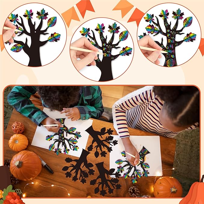 BeYumi Fall Trees Scratch Cards - 48Pcs Fall Thankful Leaves Trees Scratch Cards for Kids Thanksgiving DIY Magic Fall Tree Hanging Scratch Paper Thankful Craft Supplies School Classroom Fun Activities