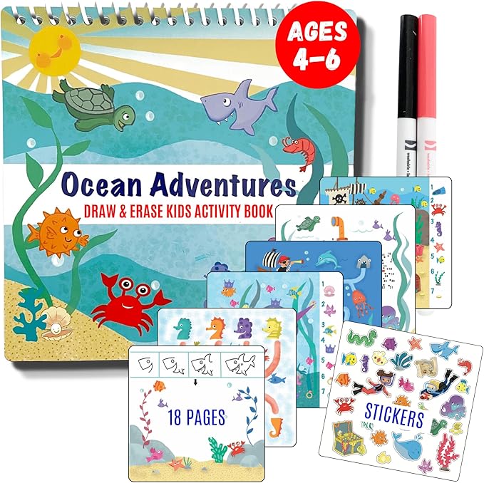 Kids Small Size Travel Educational Activity Book with Washable Markers (7"x7") - Car and Airplane Activities, Learning Toys for Toddlers - Search and Find, Reusable Stickers for Ages 4, 5, 6 (Ocean)