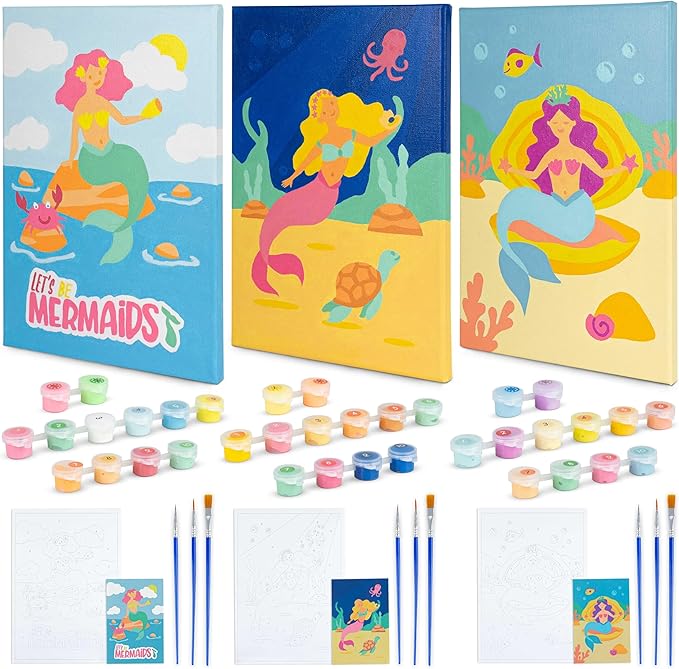 BONNYCO Paint by Numbers Kit for Kids Mermaid Pack 3 Canvas Paint by Number Canvas Framed Mermaid Gifts for Girls Arts and Crafts, Kids Paint by Number Kits, Pre Drawn Canvas for Painting for Kids