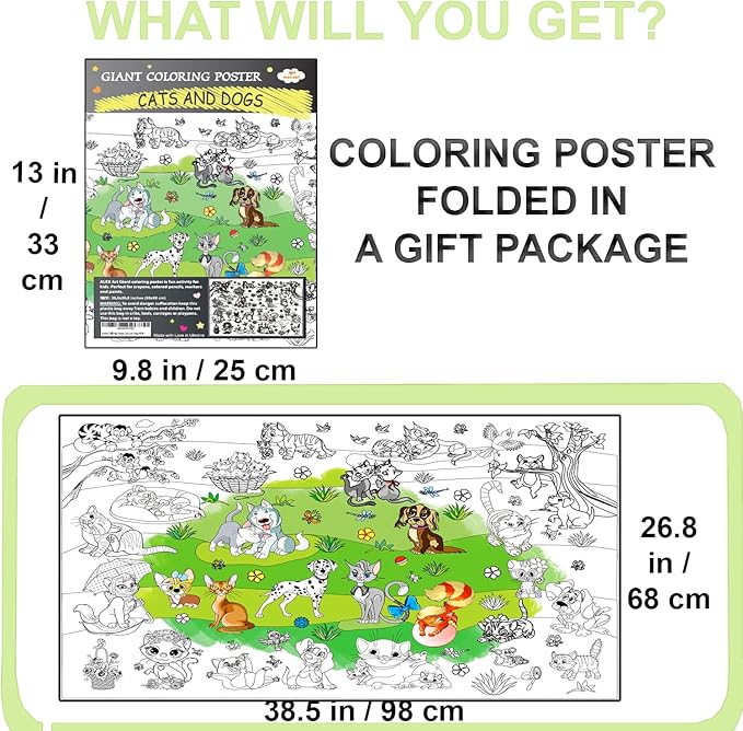 ALEX Art, Jumbo Coloring Poster - Cute Cats and Dogs Giant Coloring Posters for Kids - Large Coloring Poster for Wall or Table - Fun Big Coloring Sheets - Huge Size 38.5”x26.7”