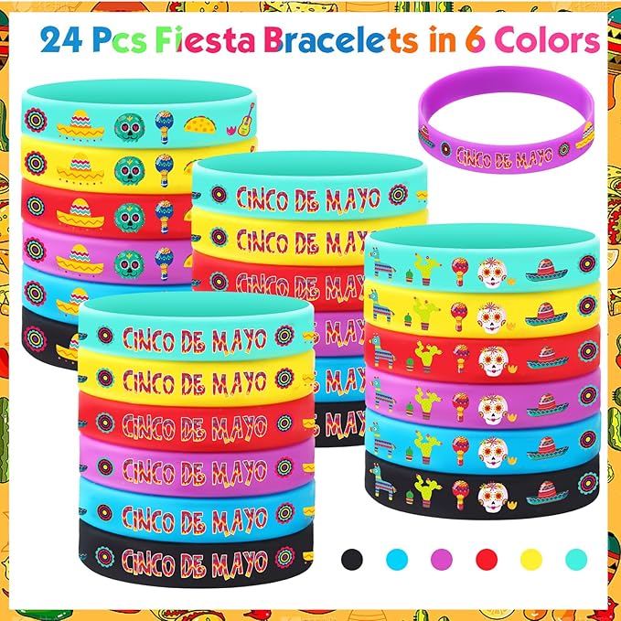 Xinnun 24 Pcs Mexican Fiesta Rubber Bracelets Fiesta Party Silicone Wristbands Mexican Party Favors with Taco Cactus Piñata Pattern for Let's Fiesta Cinco De Mayo Party(Cinco De Mayo)