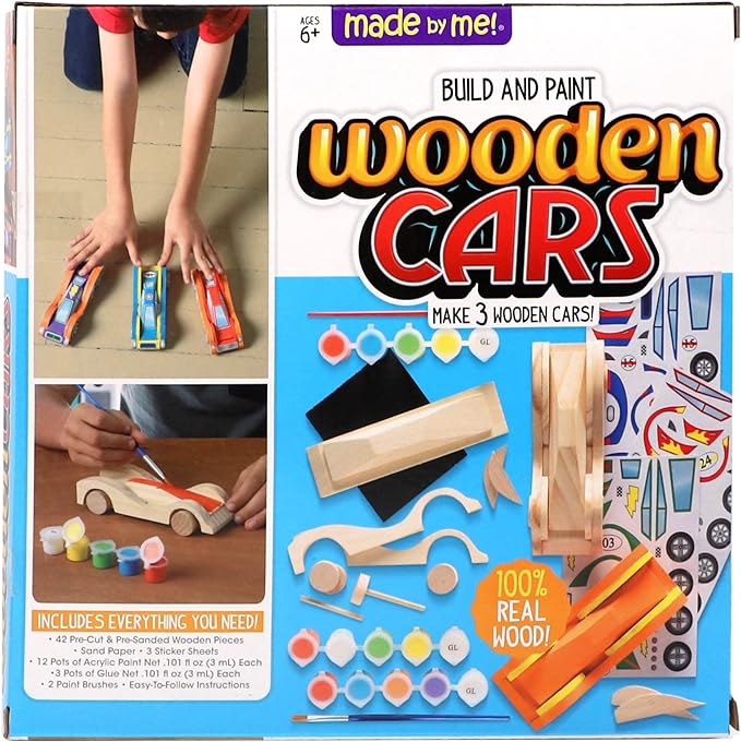 Made By Me Build & Paint Your Own Wooden Cars by Horizon Group USA, DIY Wood Craft Kit, Easy to Assemble & Paint 3 Race Cars, Multicolored