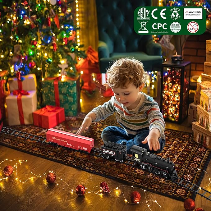 Train Set, Electric Train Set Toys with Smoke, Lights & Sound, Train Set for Under Christmas Tree with Steam Locomotives, Cars and Tracks, Christmas Train Toys for 3 4 5 6 7+ Years Old Kids