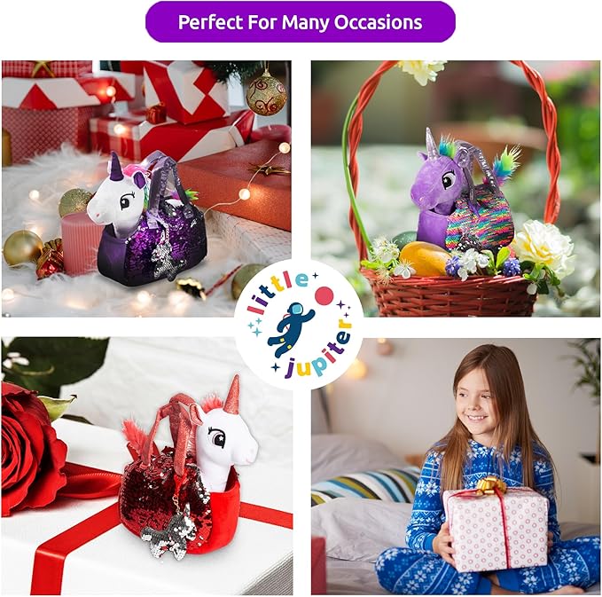 Little Jupiter Plush Pet Set - Unicorn Toys - Unicorns Gifts for Girls - Stuffed Animal for Kids - Unicorns - Plush Toy - w/Reversible Sequins & Charm (Purple Rainbow Unicorn) Age 4-5 - 6-7 yr