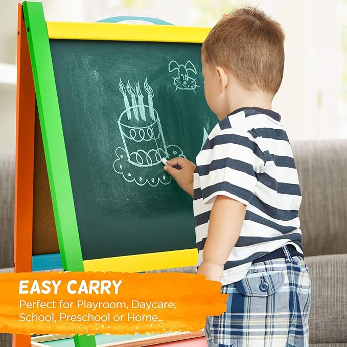 Double Sided Wooden Art Easel for Kids Standing Magnetic Whiteboard Chalkboard Small Toddler Toys. Includes Wooden ABC Numbers. Eco Friendly