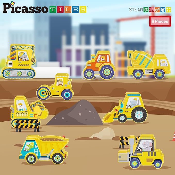 PicassoTiles Magnet Building Tile Blocks Addon 8 Magnetized Action Figures Construction Vehicle Zoo Animal Theme Compatible with Magnetic Build Tiles Playset STEM Learning Girls Boys Ages 3+ PTA21