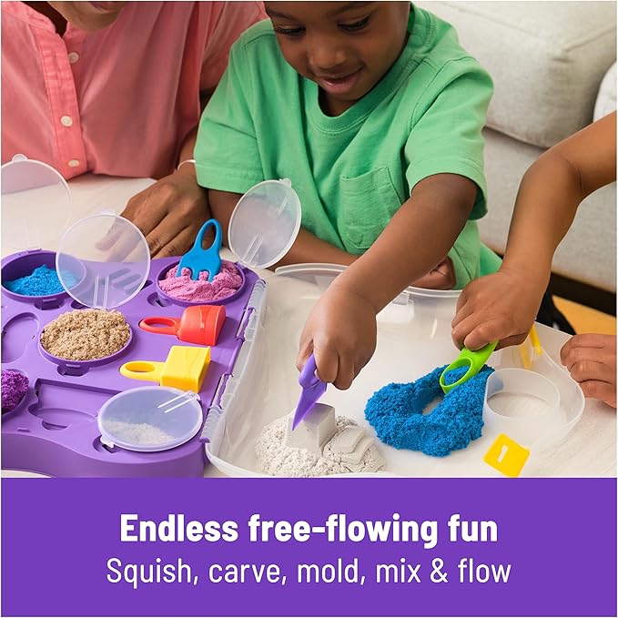 Kinetic Sand, Variety Case with 2lbs Play Sand (Beach, Neon & Shimmer) & 5 Tools, Reusable Storage, Sensory Toys for Kids Ages 3 and up